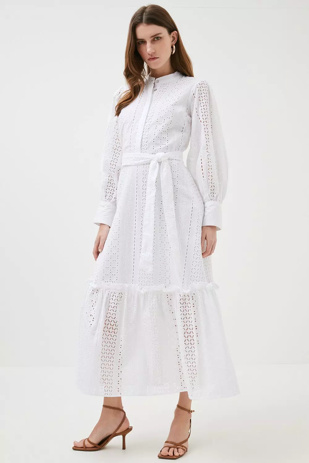 Eyelet Tiered Woven Maxi Shirt Dress