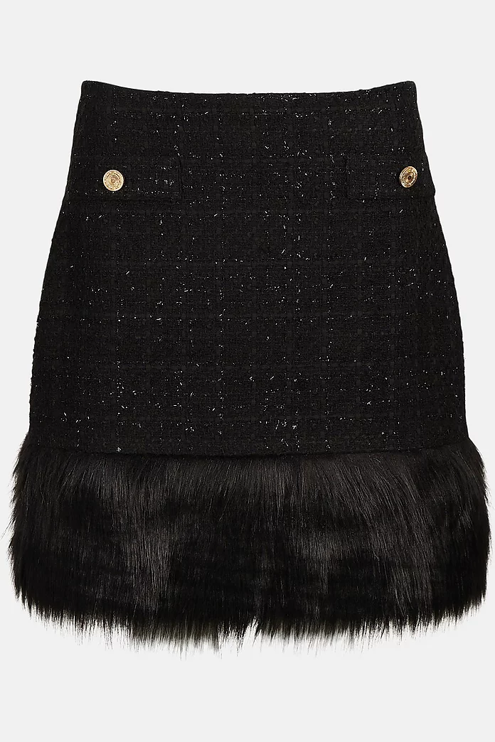 Sparkle Tweed And Faux Fur Trim Mini Skirt | Karen Millen