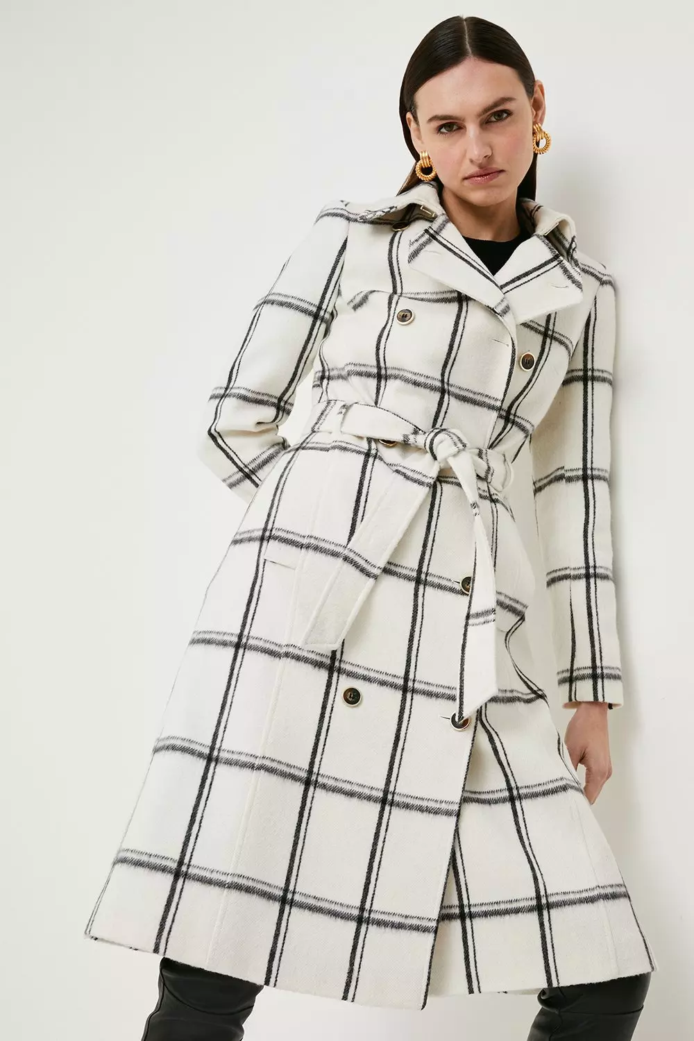 Check Wool Mix Double Breasted Belted Coat