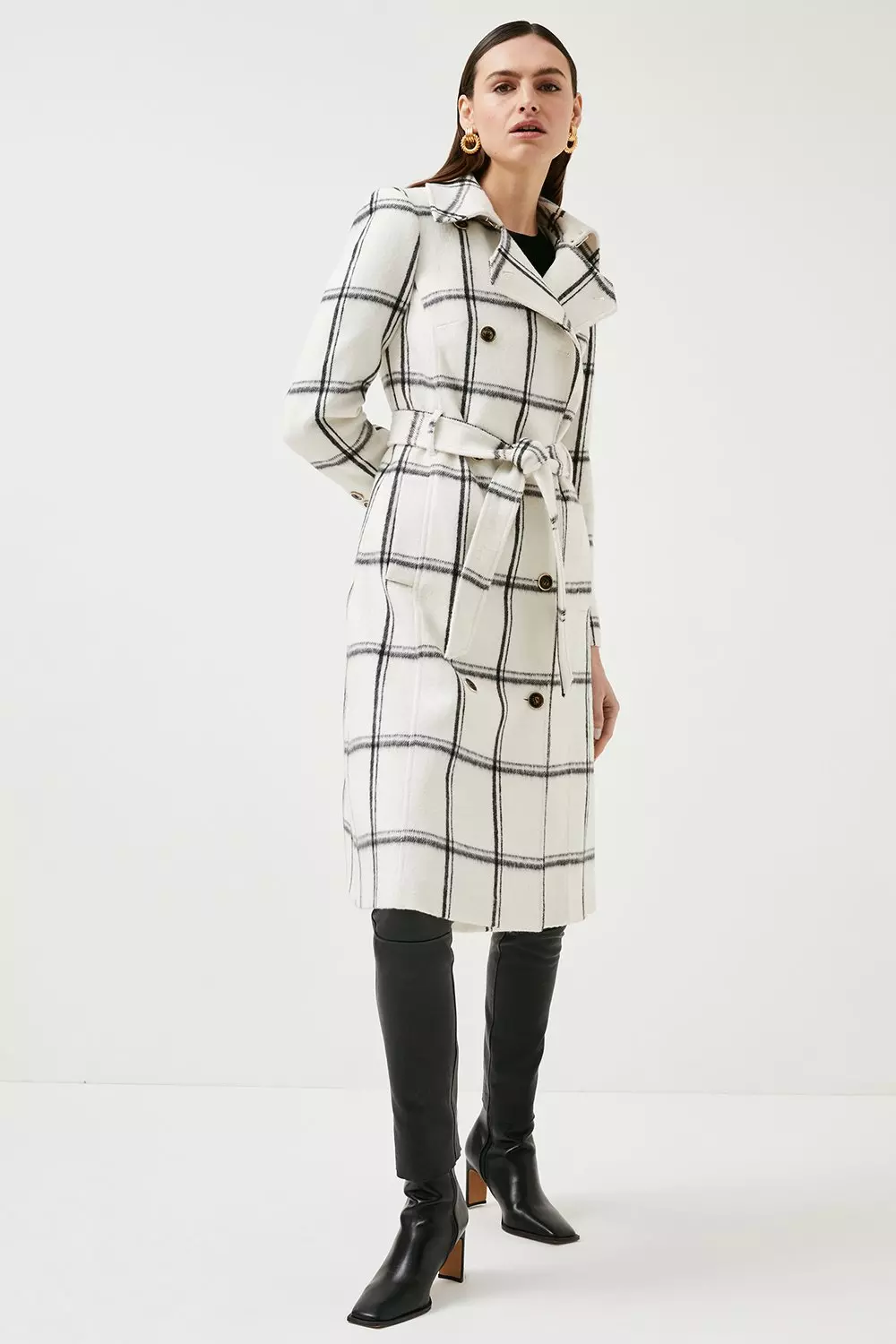 Check Wool Mix Double Breasted Belted Coat