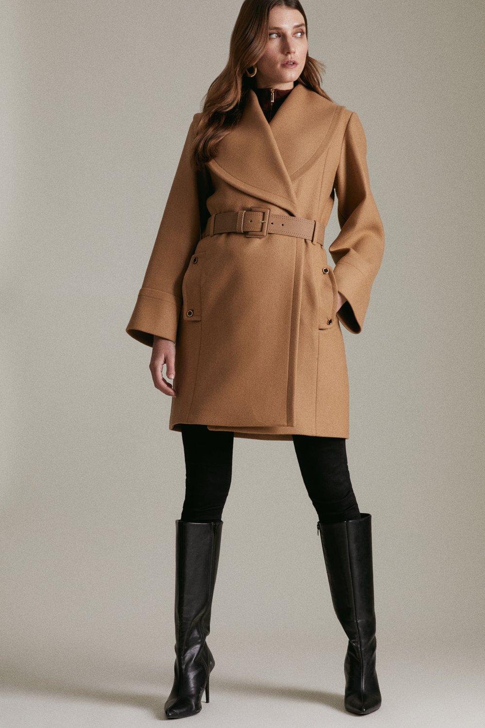 Belted Short Shawl Collar Coat