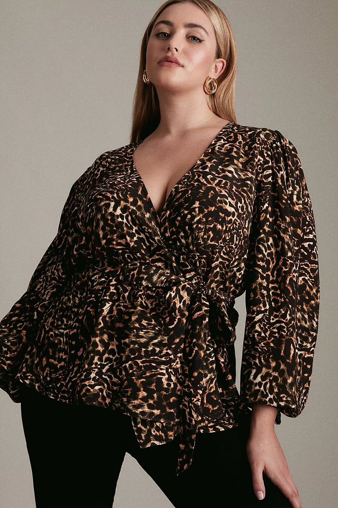 Plus Size Leopard Print Long Sleeve Woven Wrap Top