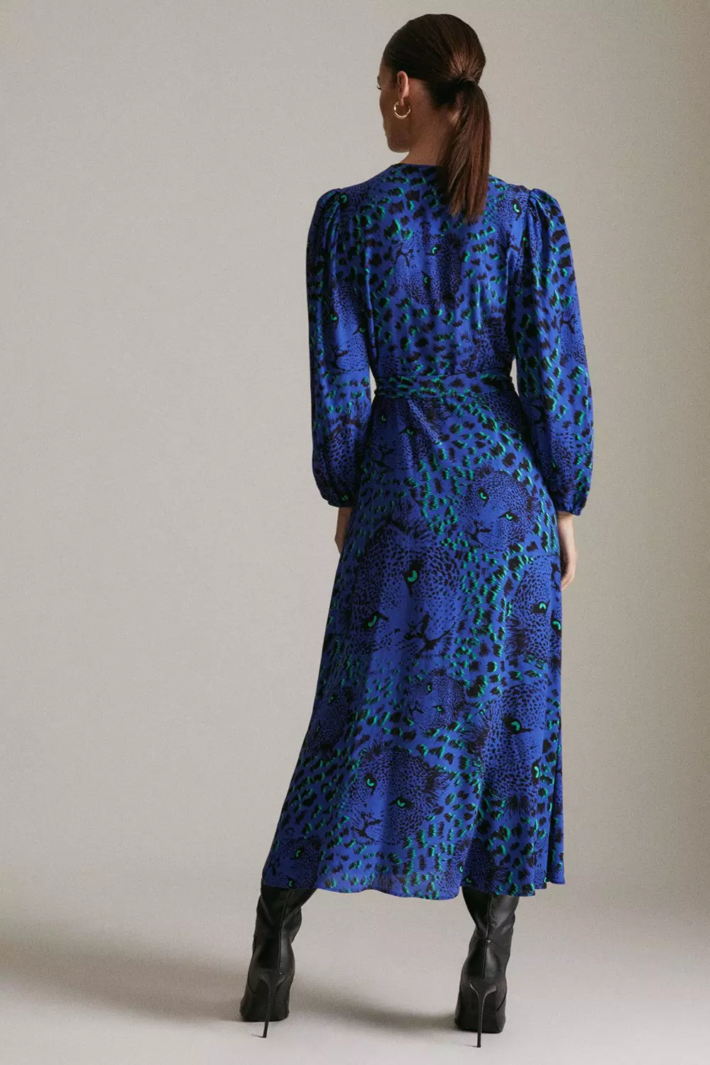 Petite Animal Print Wrap Dress in Blue