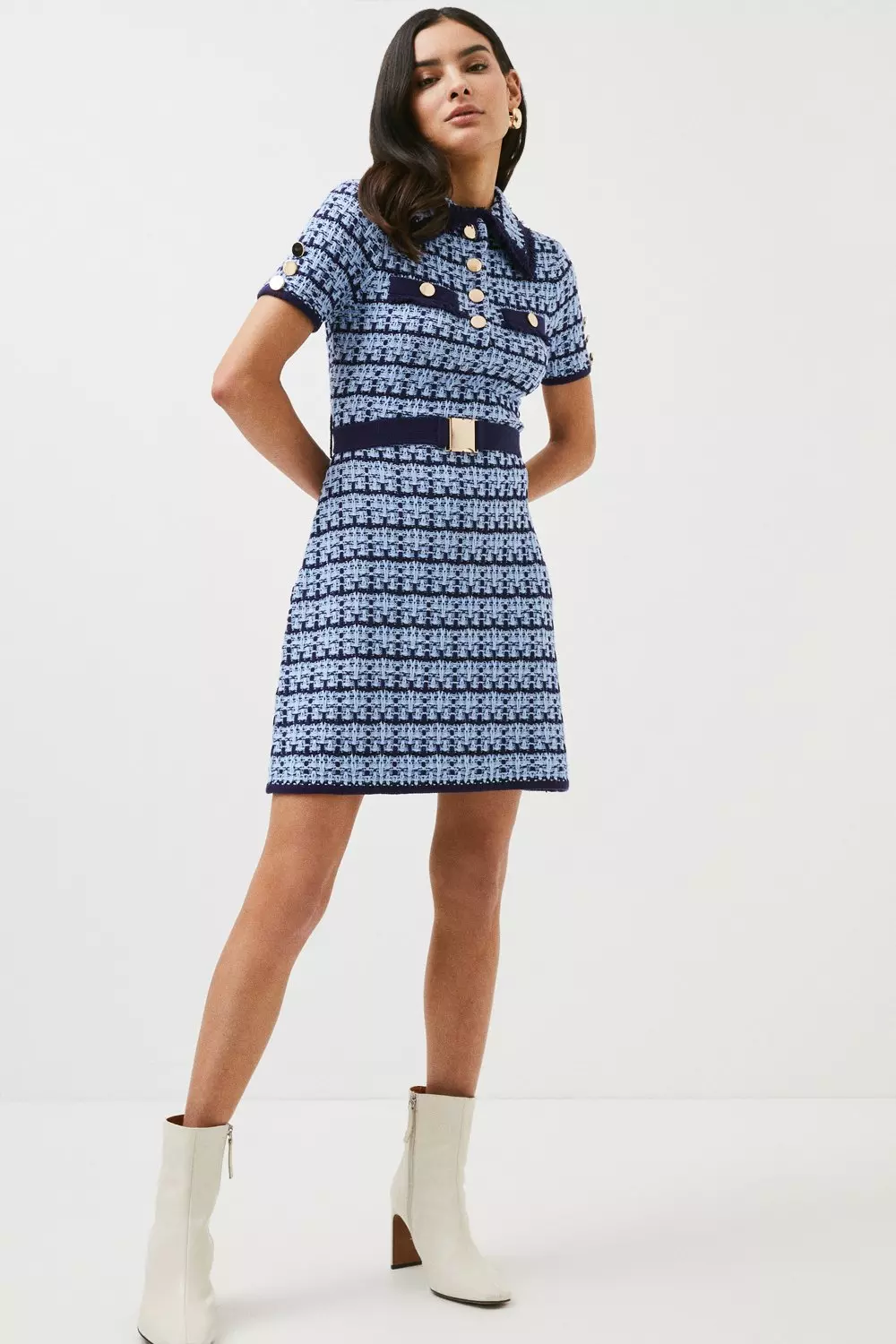 Petite Tweed Belted Knit Dress Karen Millen