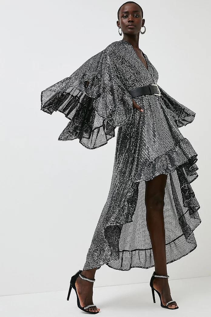 Vaderlijk Mechanisch Glad Sequin Drama Sleeve Belted Kimono Maxi Dress | Karen Millen