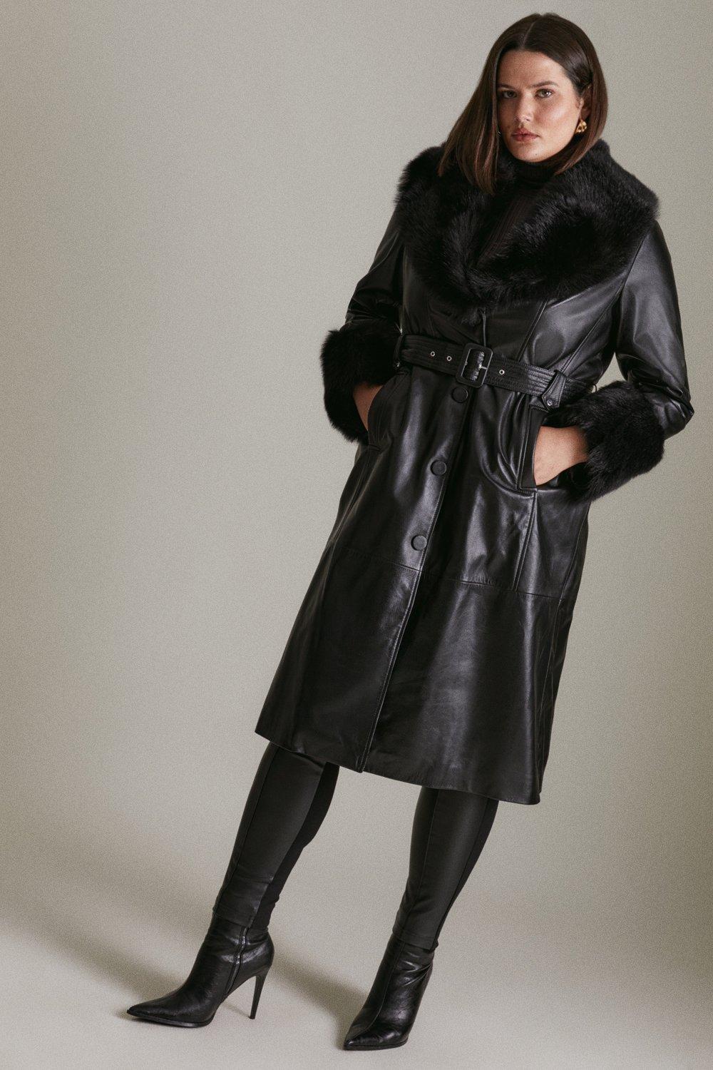 Plus size leather hot sale coat with fur collar