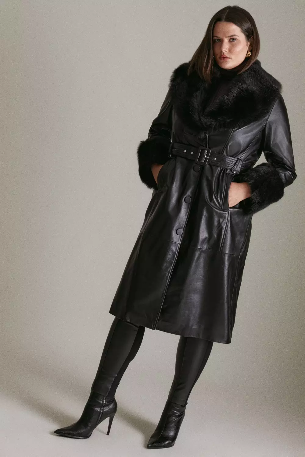 Plus size leather store coat with fur collar