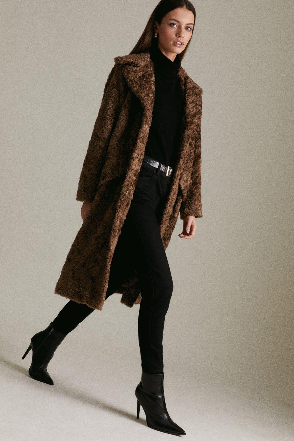 Petite Textured Faux Fur Long Coat | Karen Millen