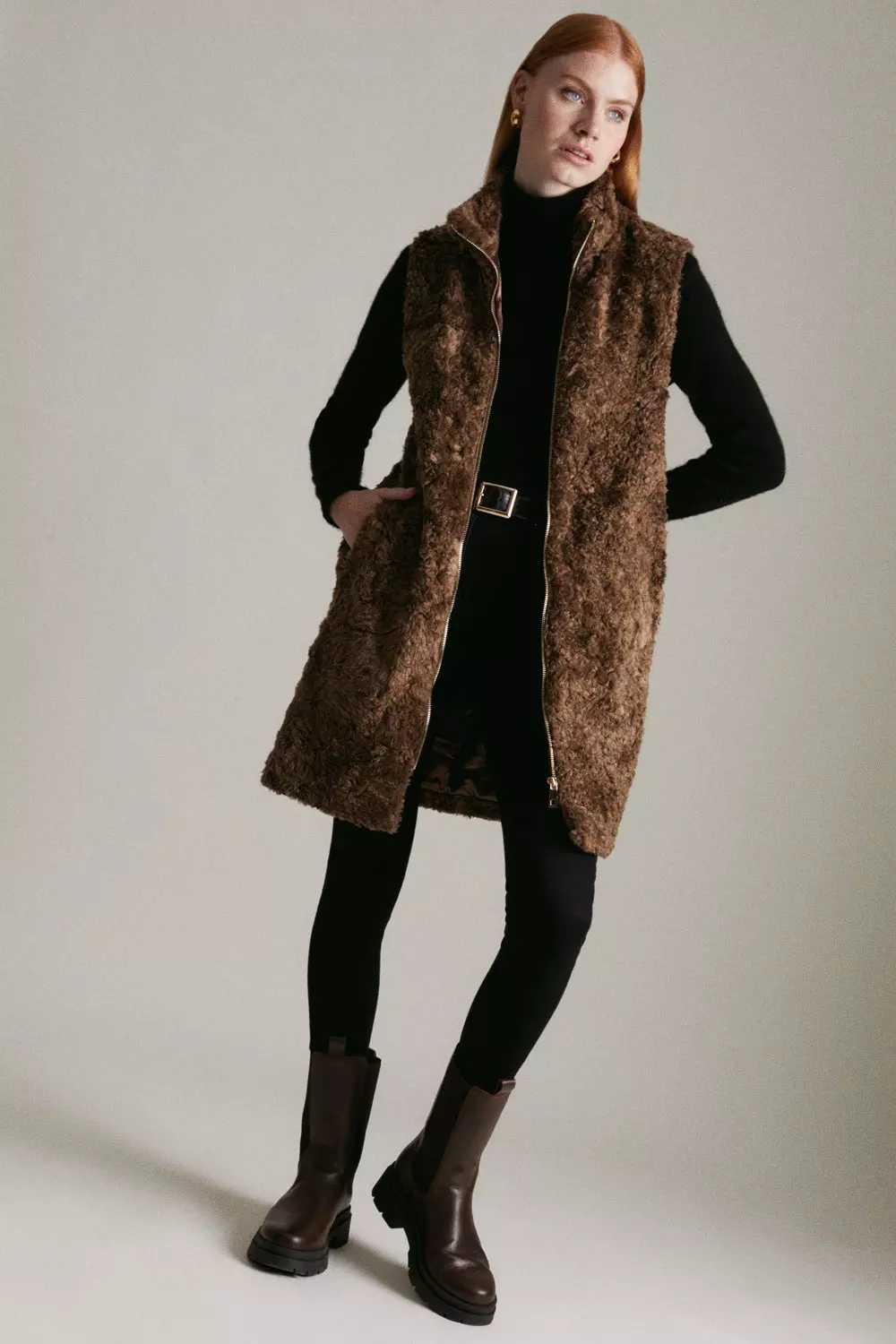 Textured Faux Fur Long Gilet | Karen Millen
