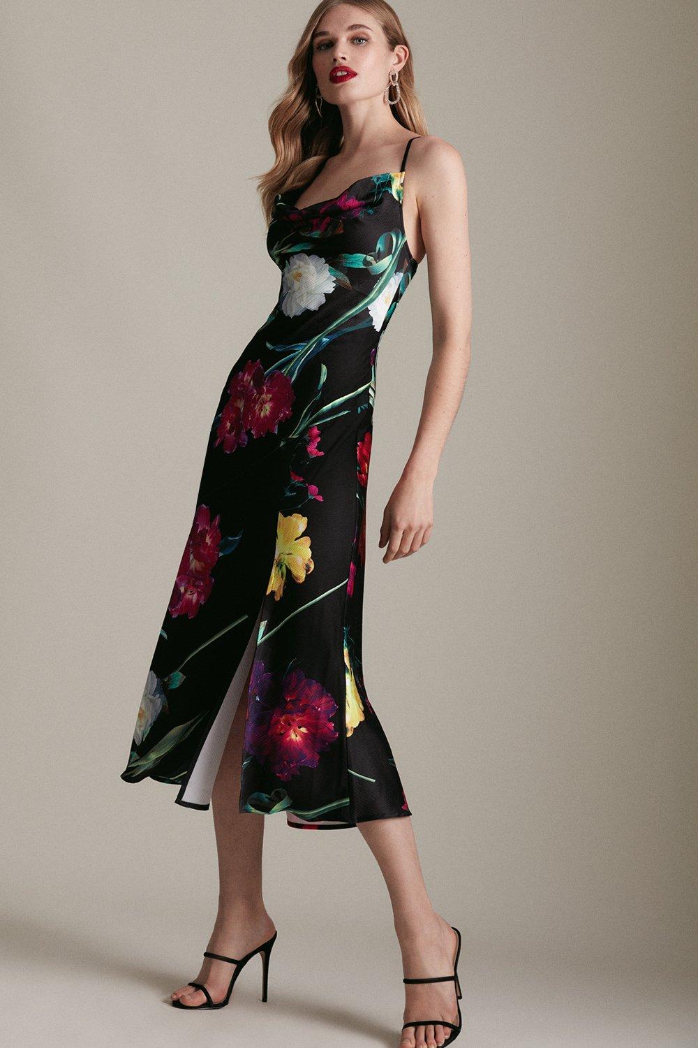 Floral Satin Cowl Neck Woven Midi Slip Dress