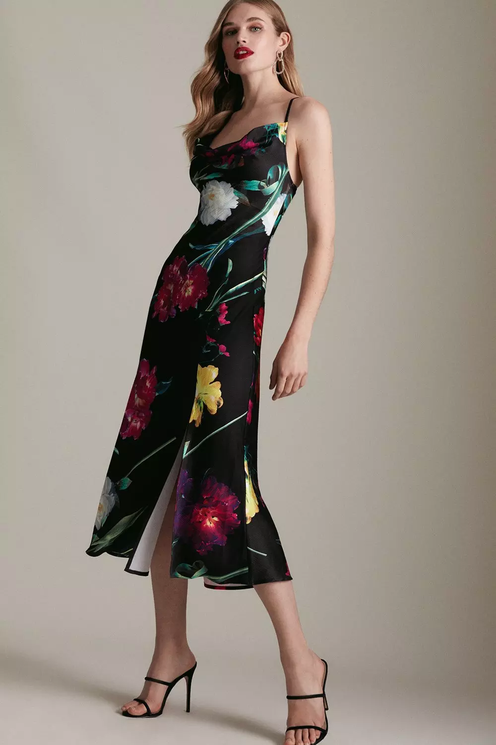Floral Satin Cowl Neck Woven Midi Slip Dress | Karen Millen