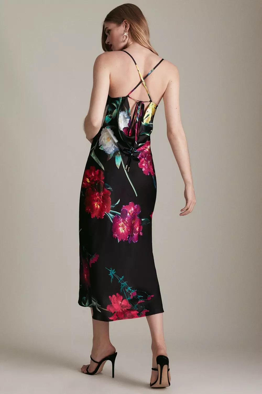 Floral Satin Cowl Neck Woven Midi Slip Dress | Karen Millen