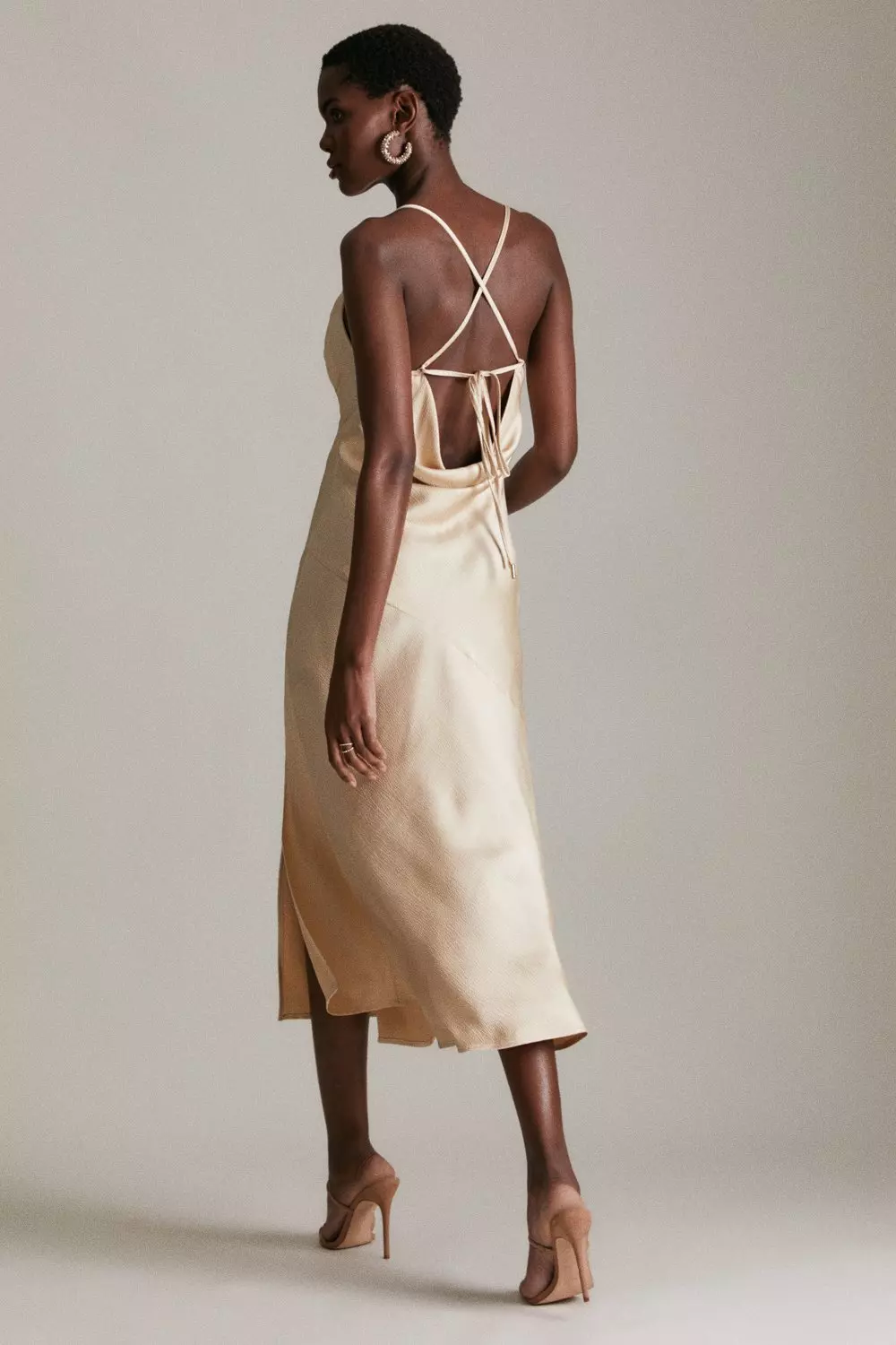 Kenaka Beige | Satin Midi Halter Dress