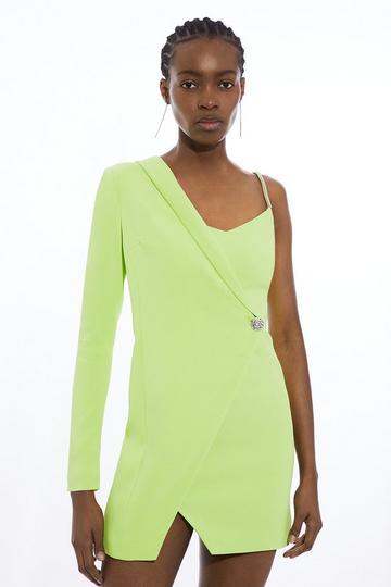 Green Compact Stretch Viscose Wrap Tux Mini Dress