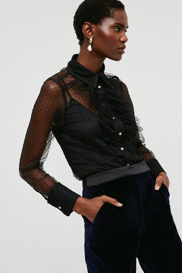 Black Mixed Mesh Spot Tulle Collared Jersey Blouse
