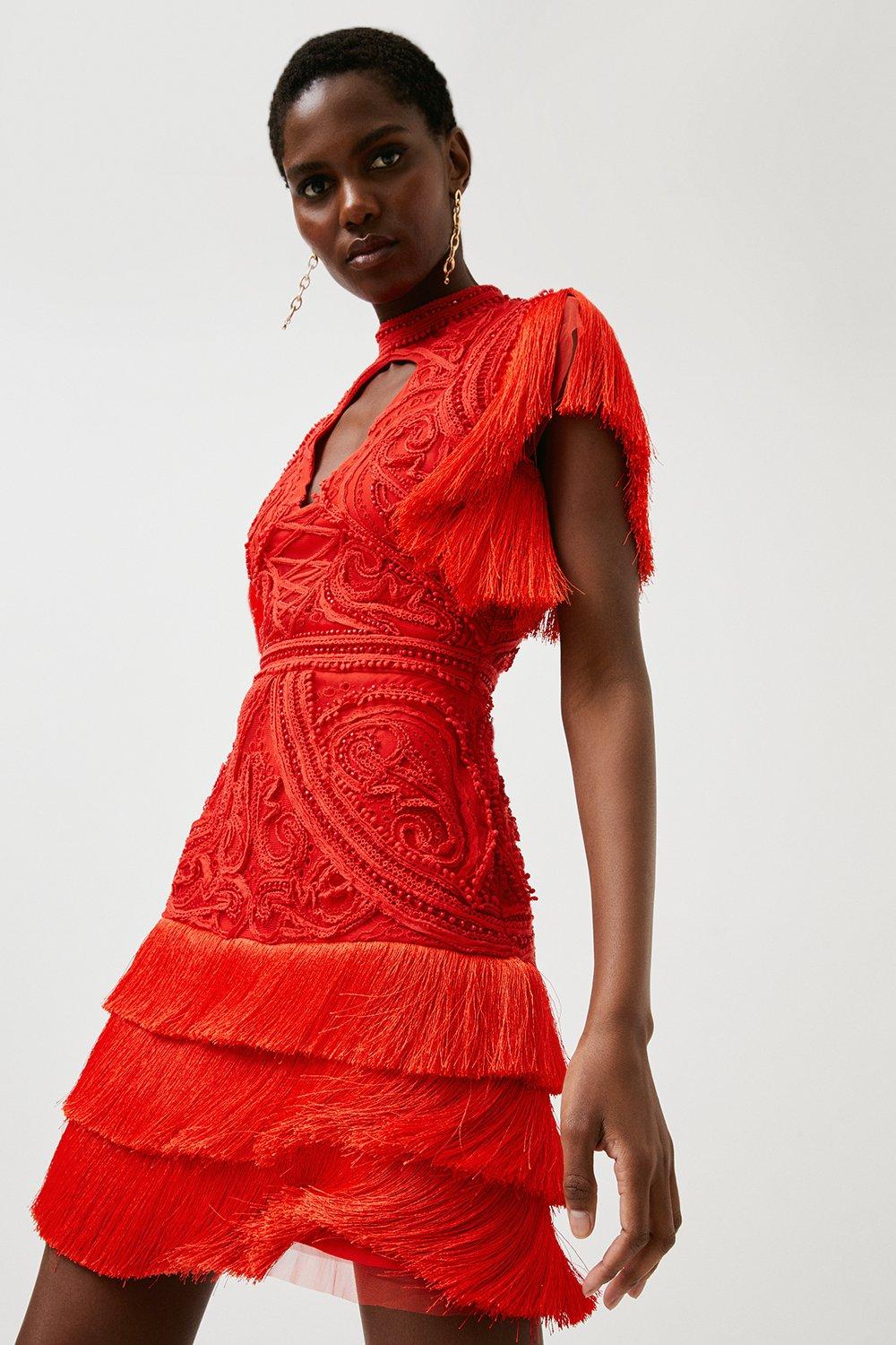 Cornelli Embellished Fringed Woven Dress Karen Millen