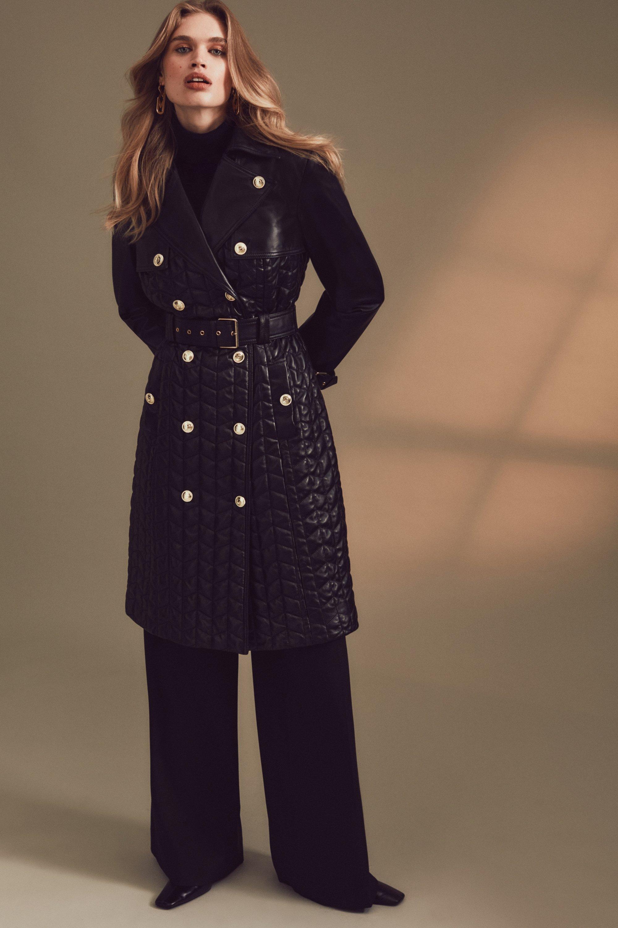 Leather Quilted Trench Coat | Karen Millen