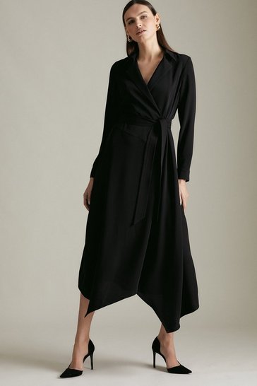 Soft Tailored Belted Wrap Shirt Dress 