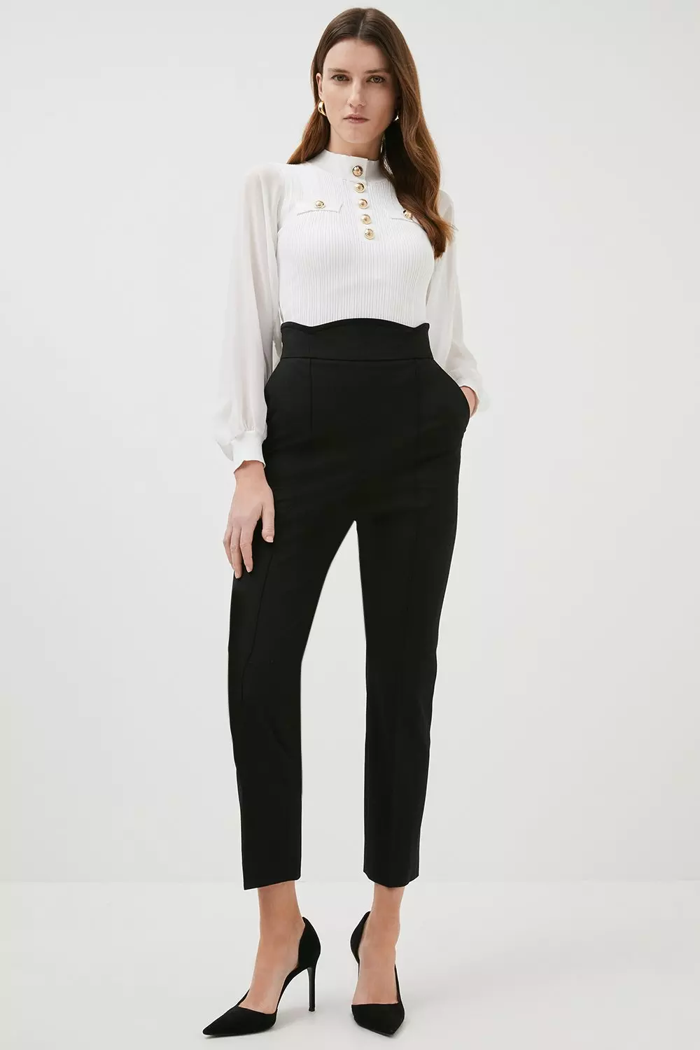 Scalloped Waist Slim Leg Pants