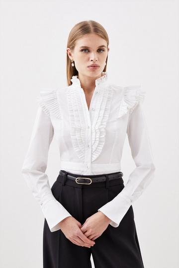 White Long Sleeved Pleated Ruffle Shirt
