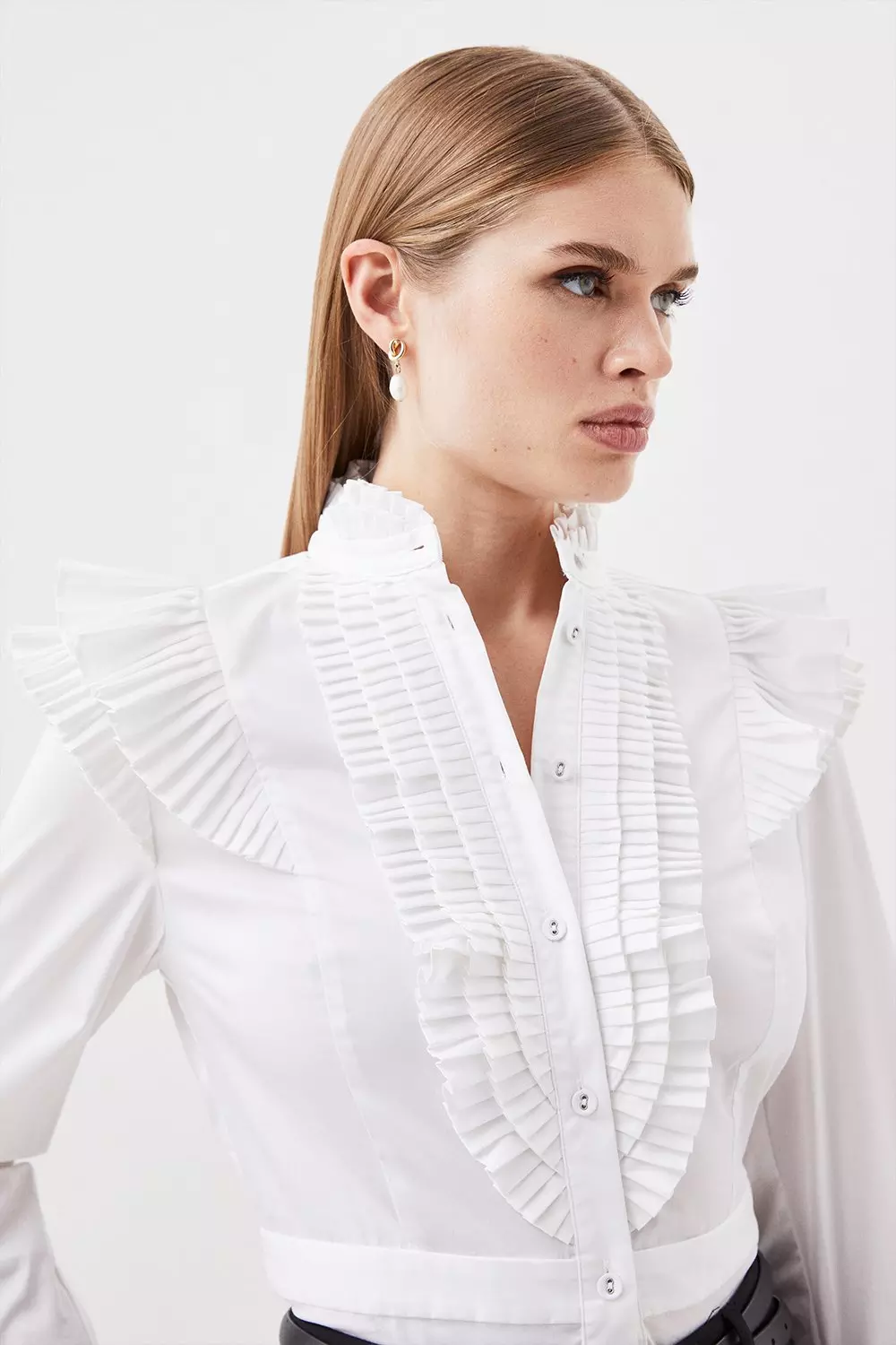 Women Lace Ruffle Collar Shirt Pleated Frill Sleeve Slim Blouse