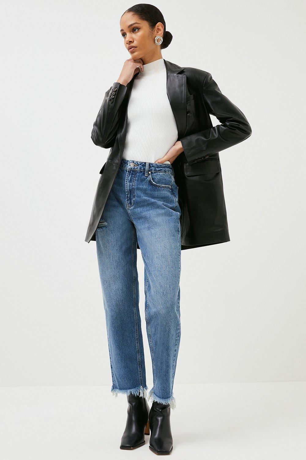 Product photo of Karen millen petite ripped high waisted straight leg jeans - mid wash
