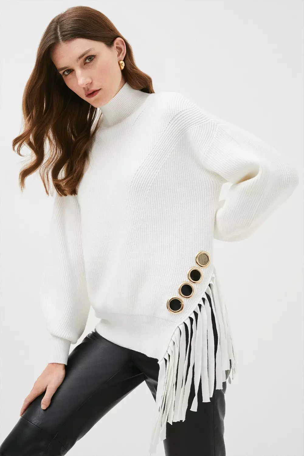 Mid Weight Eyelet Fringe Slouchy Knit Sweater