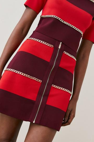 Mono Stripe Chain Detail Knit Skirt red