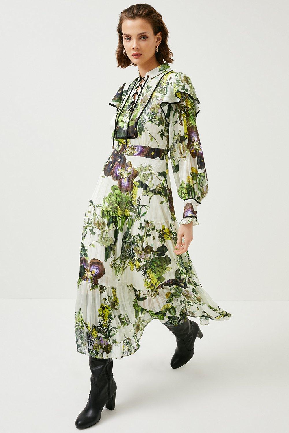 Botanical Floral Woven Lace Up Midi Dress | Karen Millen