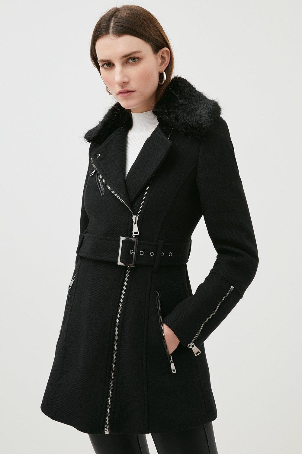 Italian Wool Mix Short Biker Coat   Karen Millen