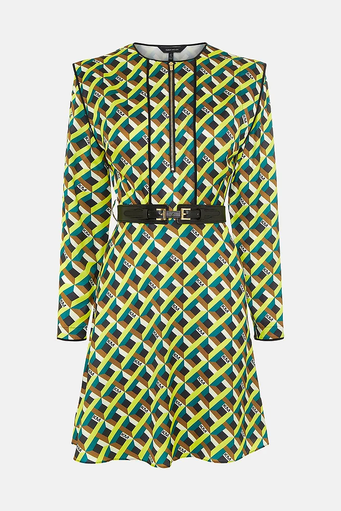 Geo Print Zip Detail Dress With PU Belt