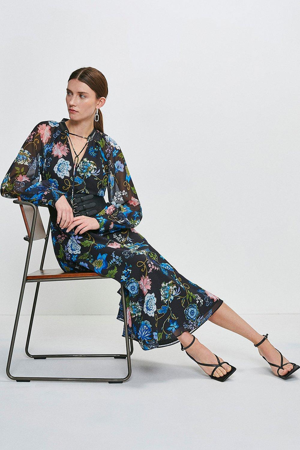 Soft Floral Midi Dress With Strappy Belt | Karen Millen