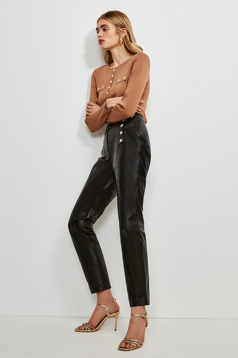 Leather Button Placket Trouser | Karen Millen