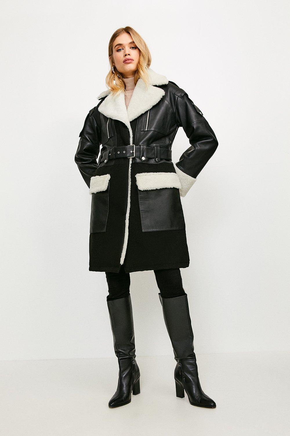 Leather And Shearling Layered Biker Trench Coat | Karen Millen