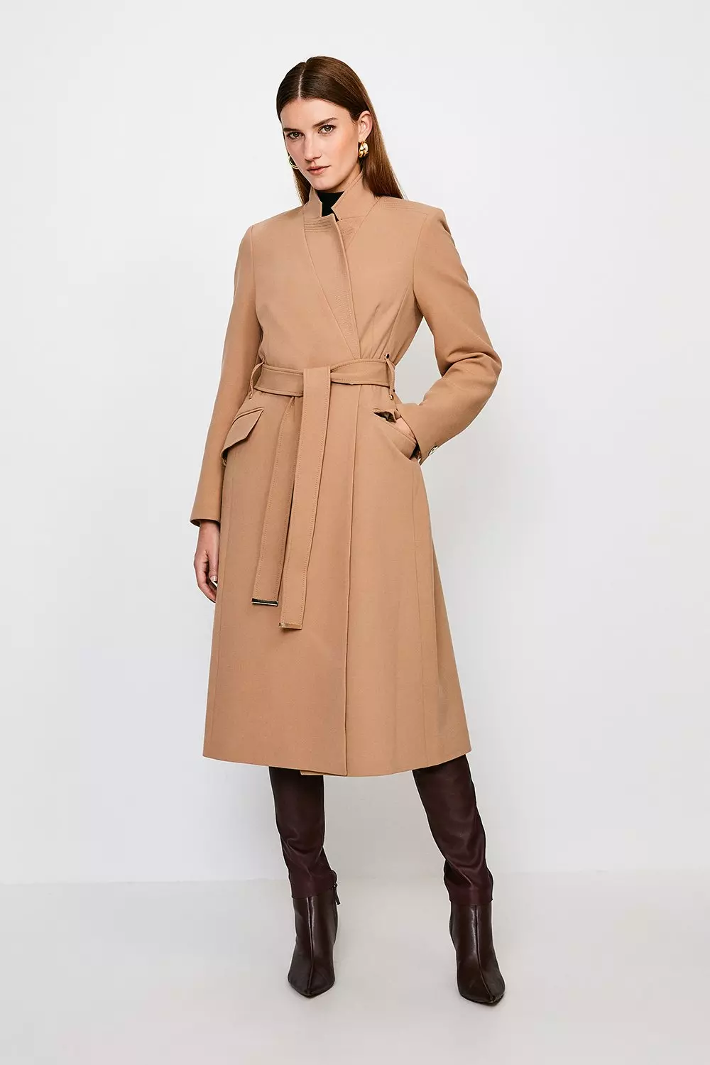 Compact Stretch Notch Neck Belted Coat Karen Millen