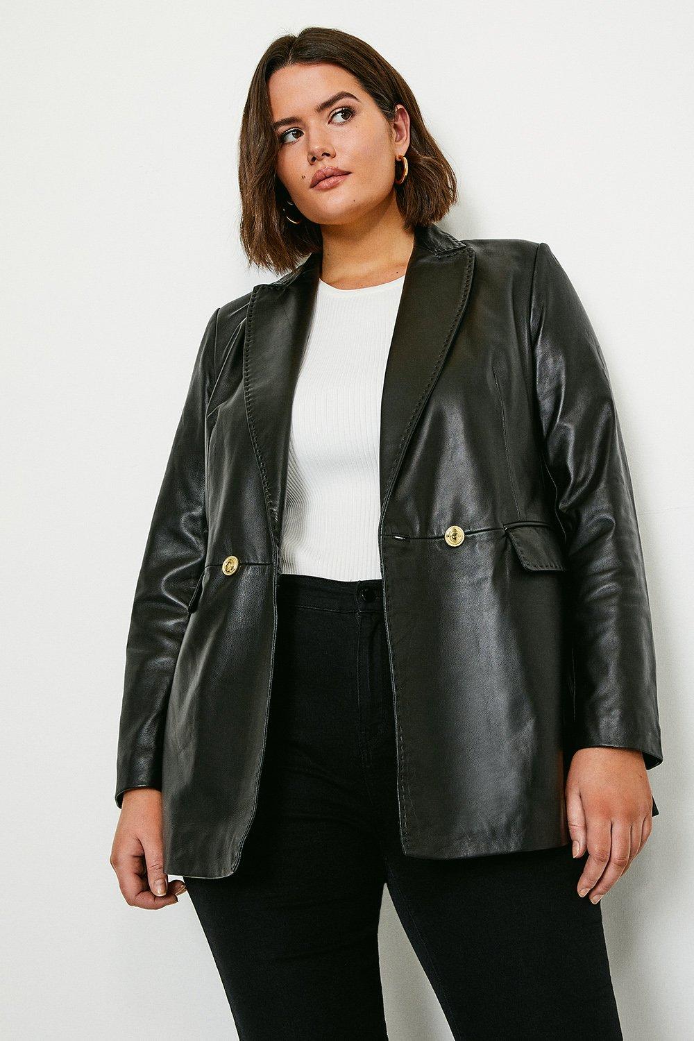 Curve Leather Fitted Double Breasted Jacket | Karen Millen