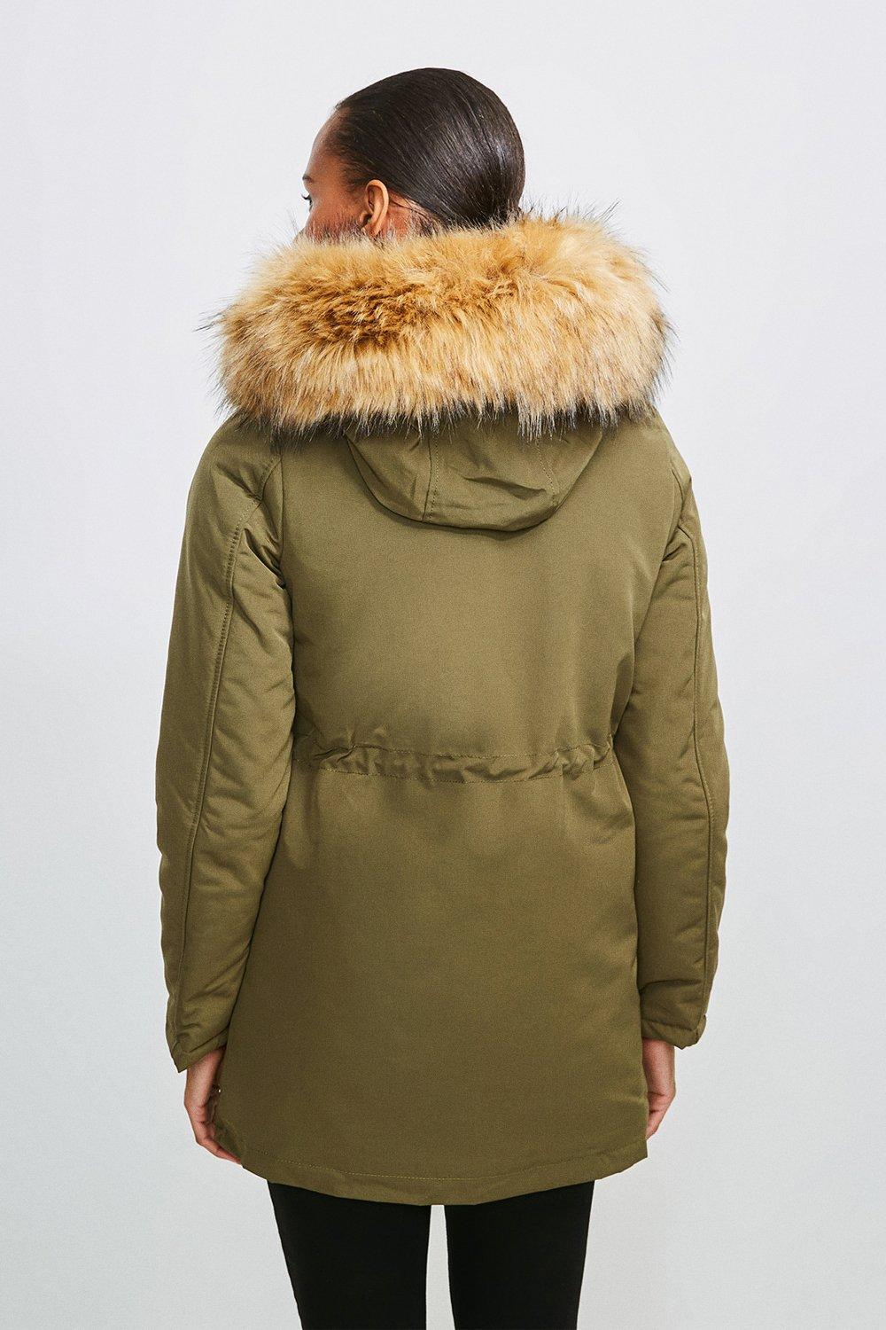 khaki green coat with fur hood