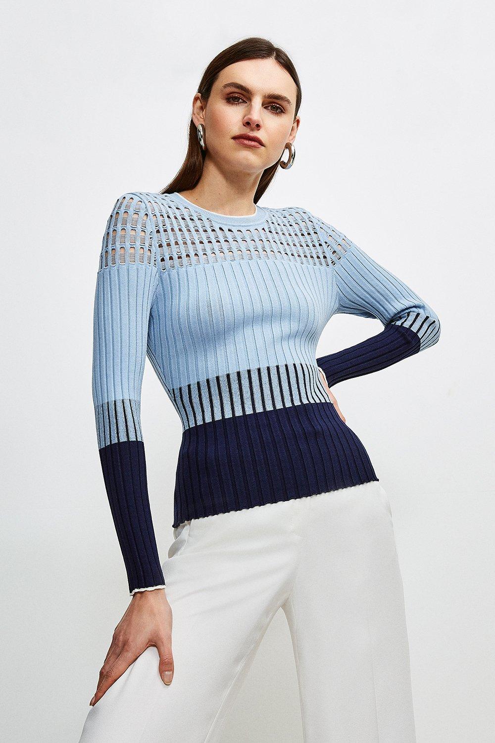 Pointelle Detail Color Block Knit Sweater