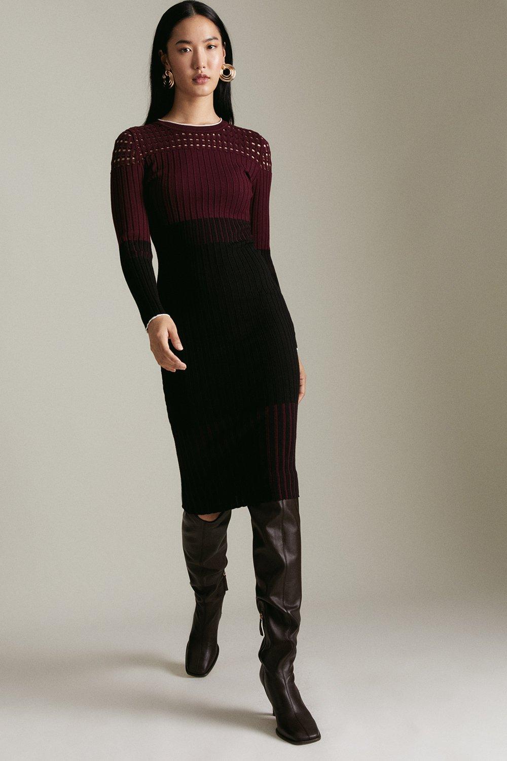 Pointelle Detail Colour Block Knit Dress | Karen Millen