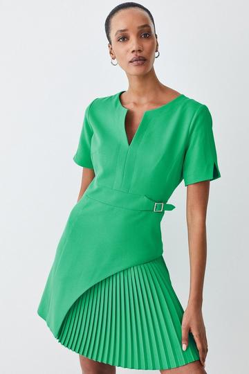 Green Tailored Military Pleat Short Sleeve Mini Dress