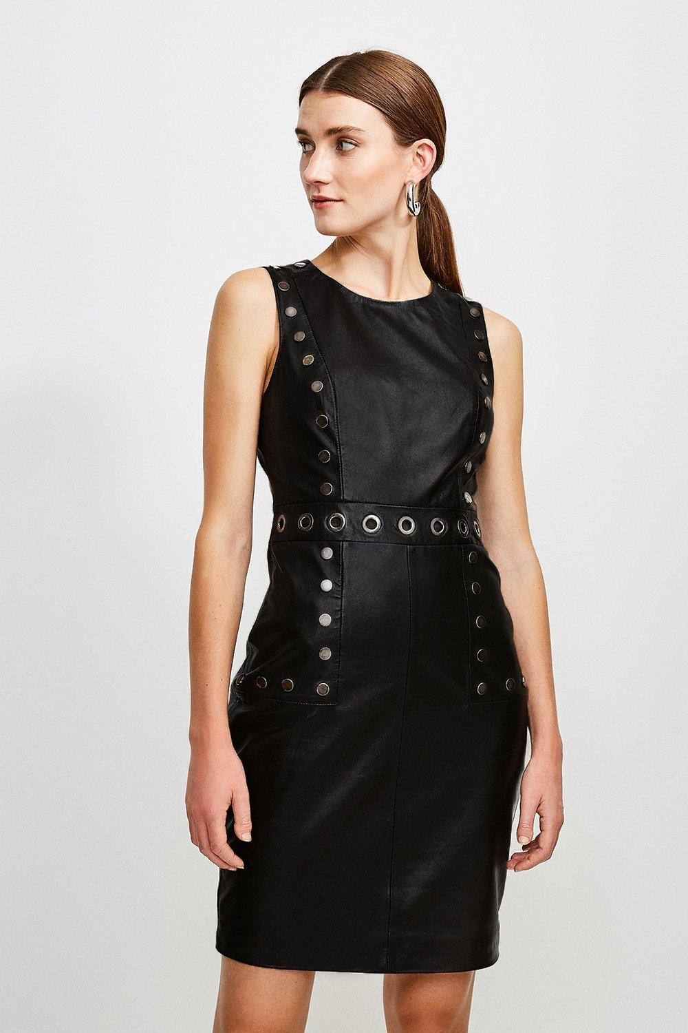 Eyelet Trim Leather Shift Dress | Karen Millen