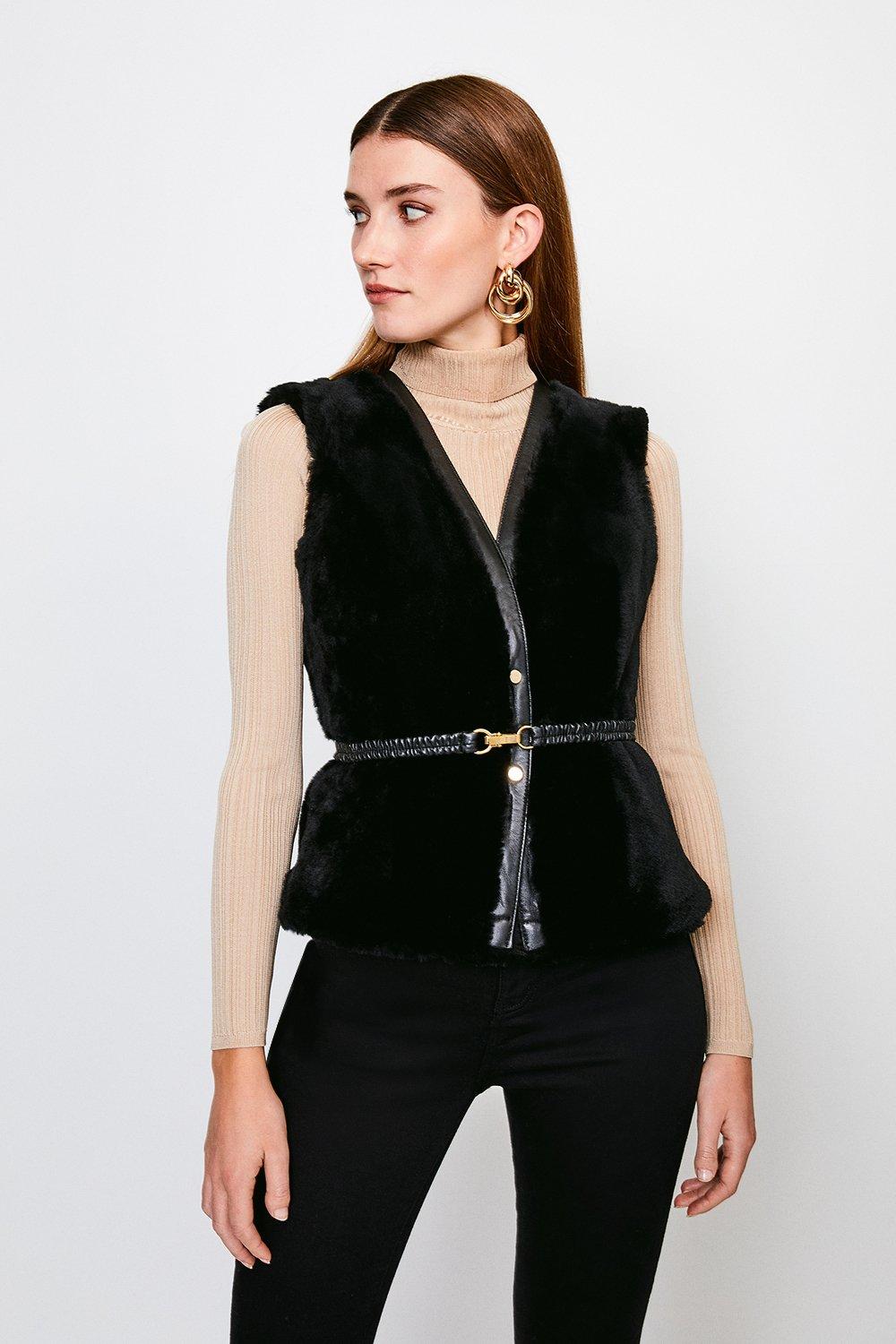 Reversible Popper Trim Belted Sheepskin Gilet | Karen Millen