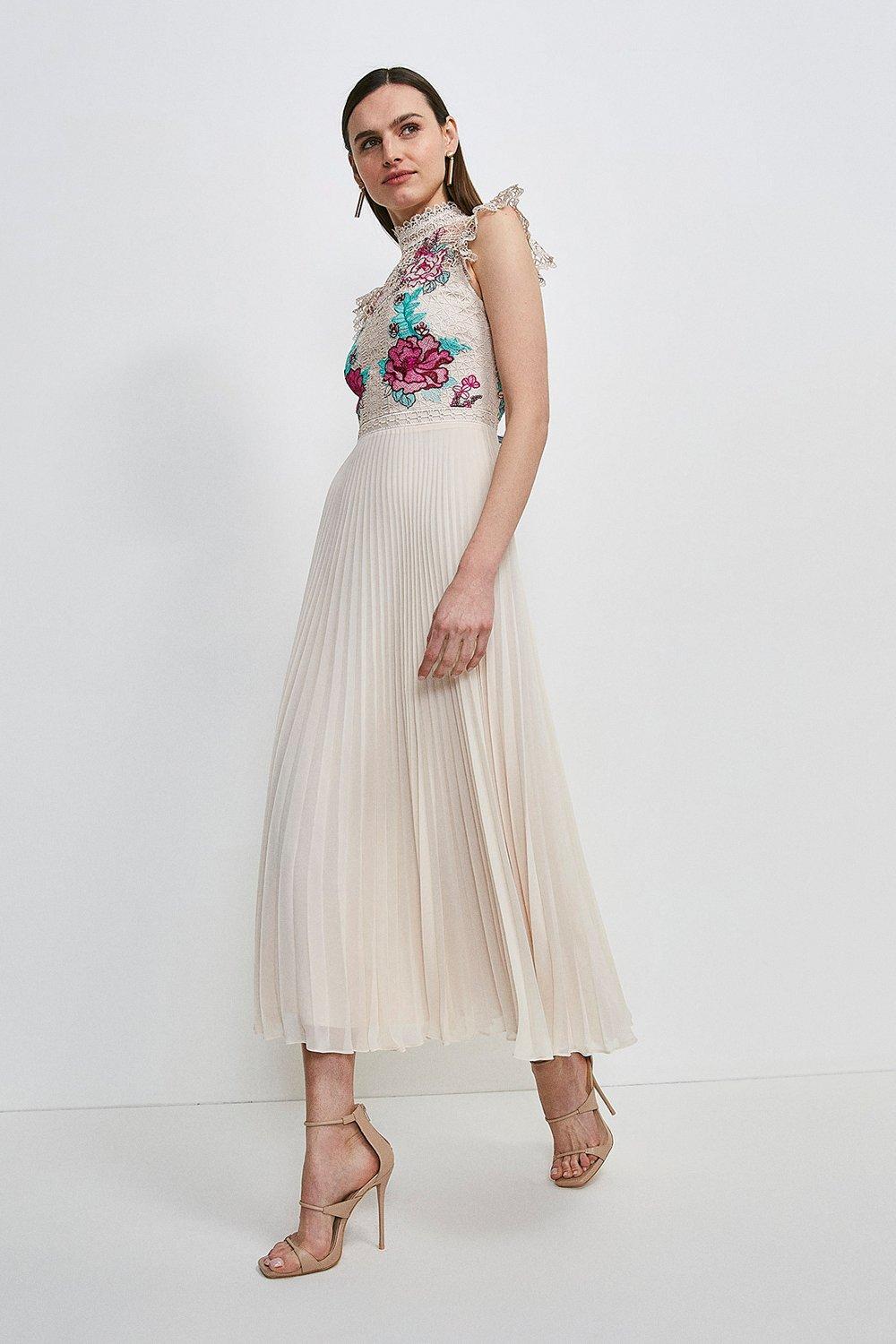 Guipure Lace Pleated Midi Dress | Karen Millen