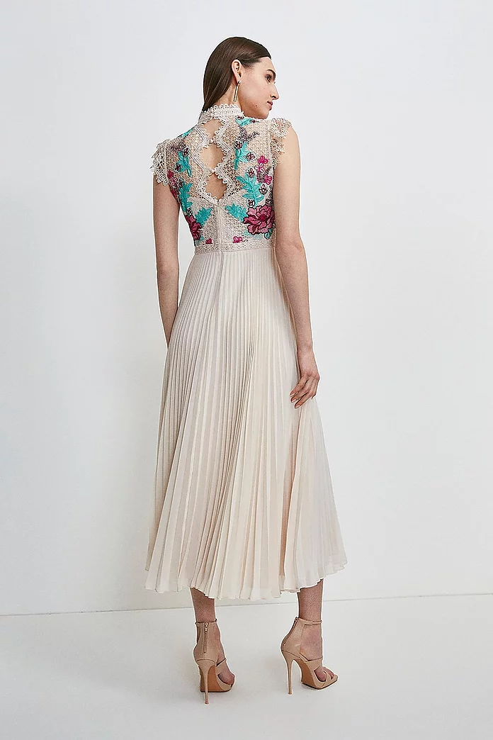 Guipure Lace Pleated Midi Dress