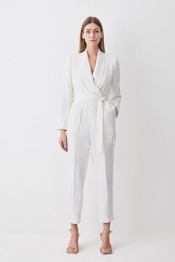 Tailored Tuxedo Belted Wrap Jumpsuit ivory