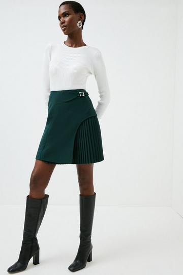 Tailored Buckle Detail Pleated Mini Skirt forest