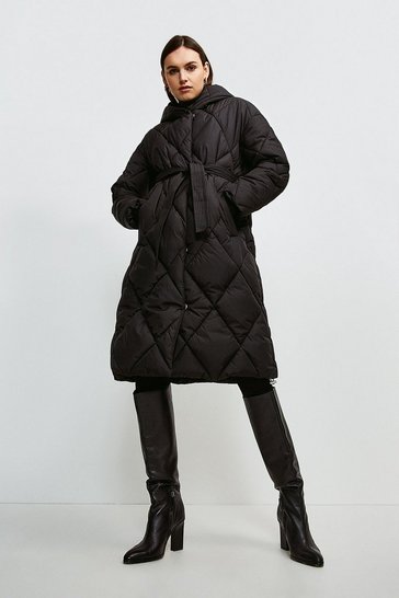 Hooded Longline Quilted Coat | Karen Millen