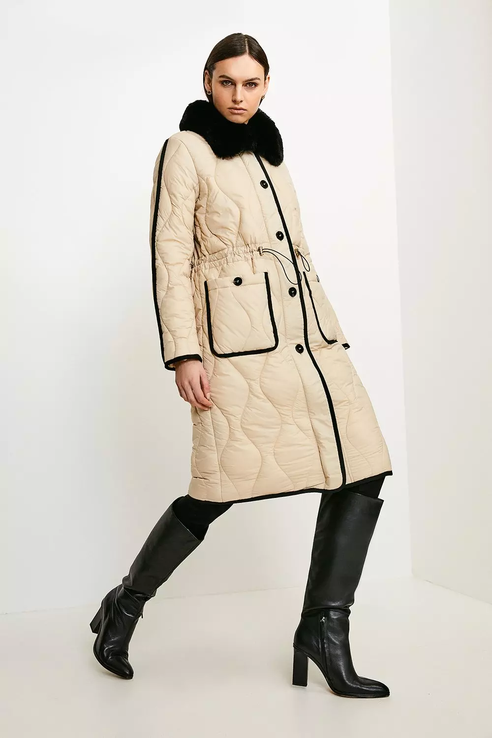 Karen millen padded sales coat with fur trim