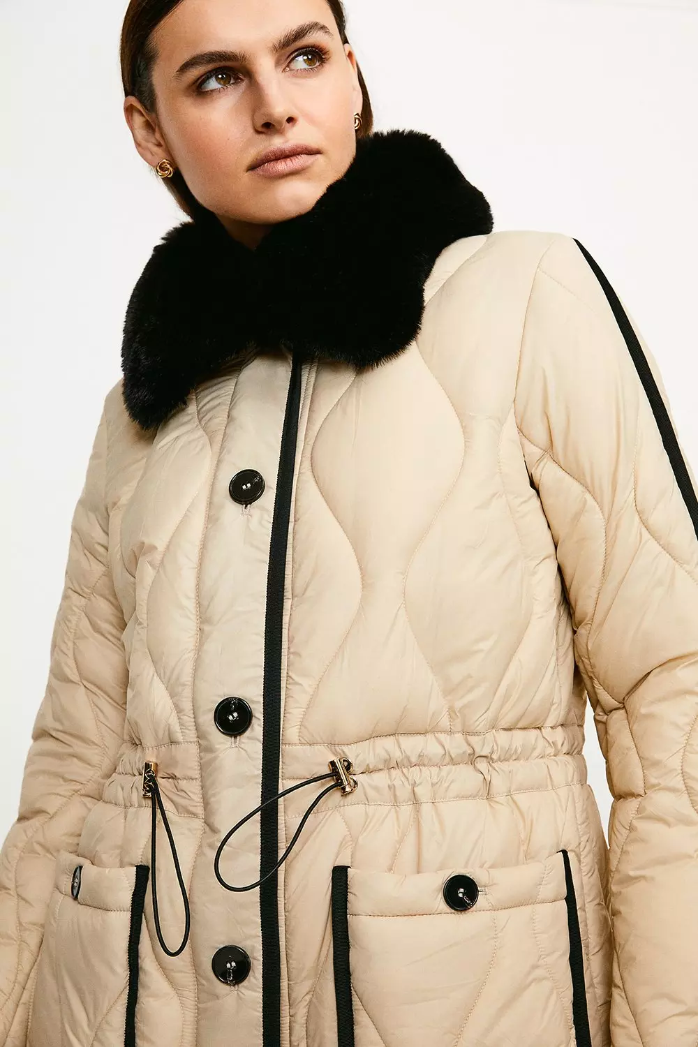 Faux Fur Collared Quilted Coat | Karen Millen