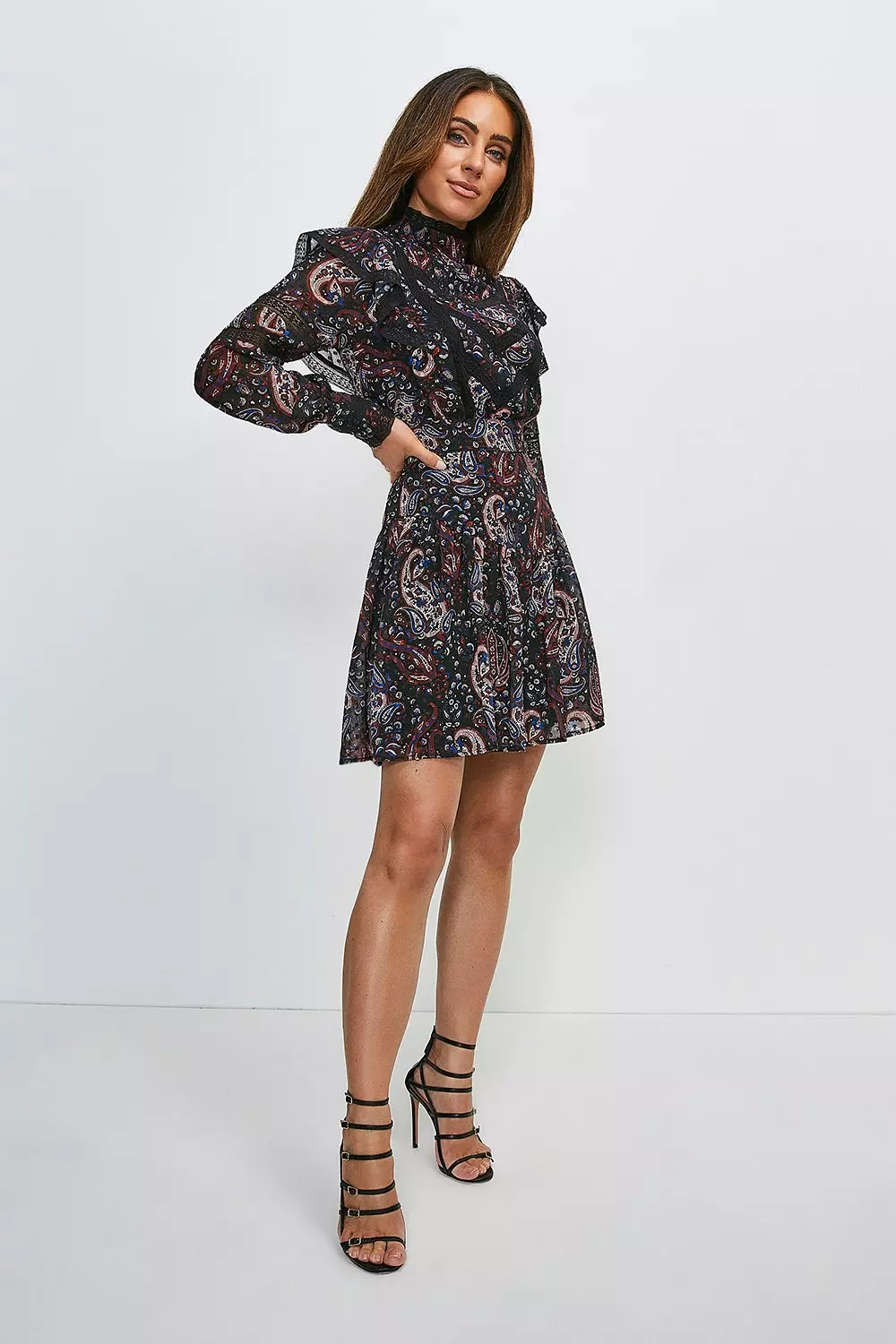 Textured Paisley Print Lace Detail Dress